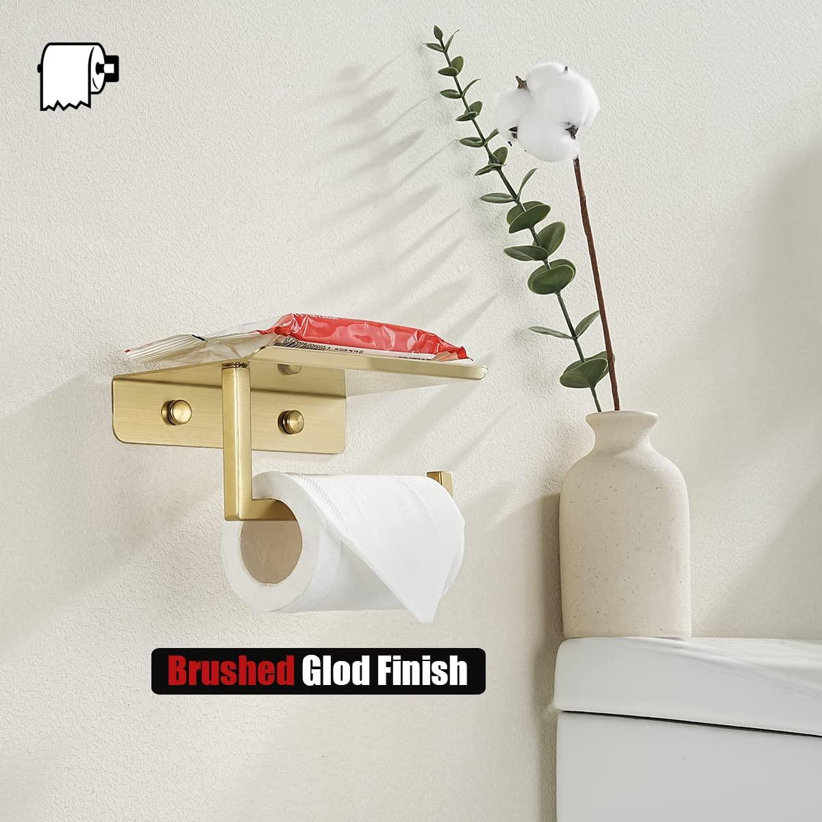 JQK Toilet Paper Holder Shelf, Bathroom Tissue Roll Holder with Phone Shelf, 5 Inch 304 Stainless Steel Tissue Paper Dispenser, Brushed Gold Finished Wall Mount, TPH202-BG