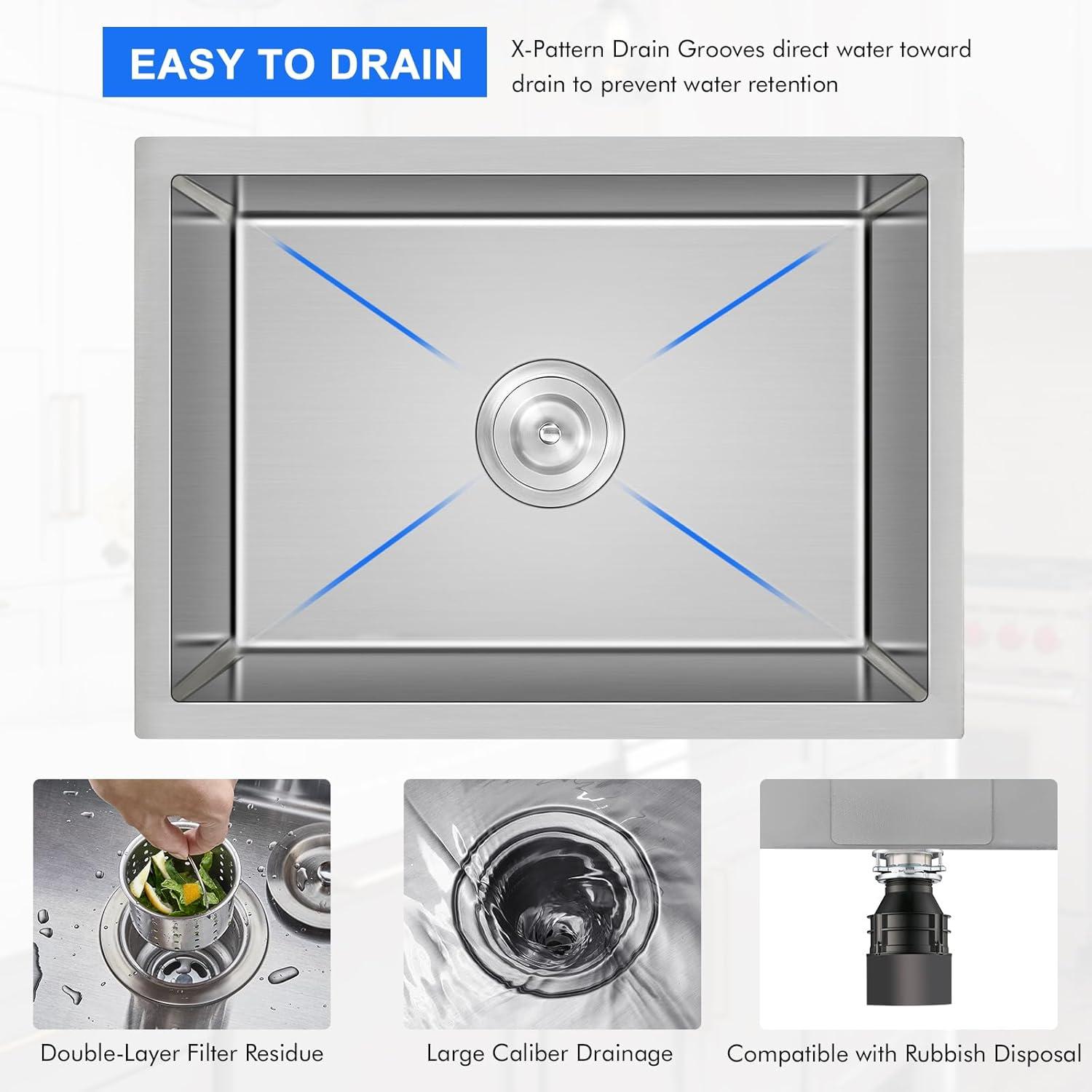 MENATT 22 inch Undermount Kitchen Sink, 22" x 18" Single Bowl Kitchen Sink Undermount Stainless Steel Handmade Bar Sink with Basket Strainer(Brushed)