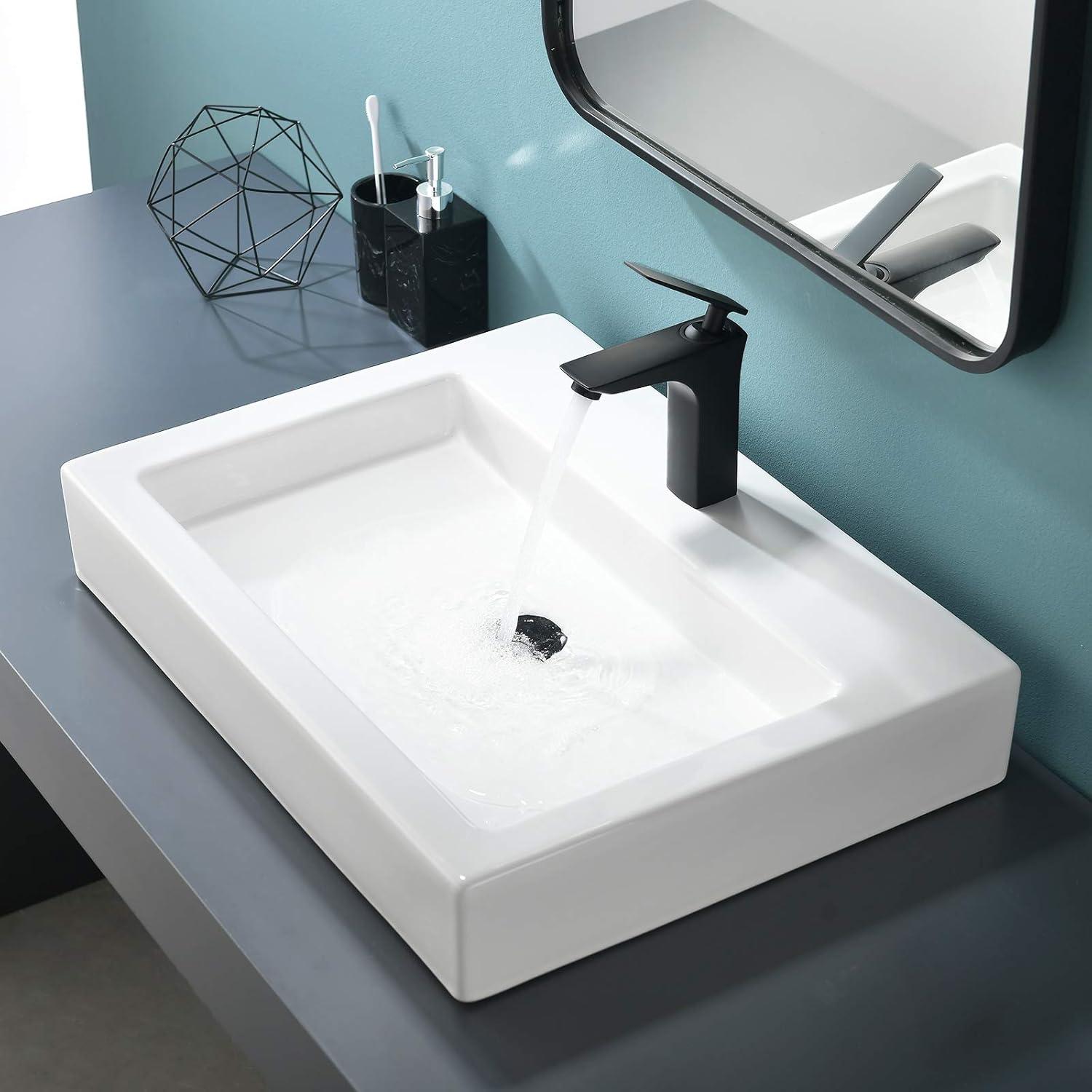 Rectangular White Ceramic Above-Counter Bathroom Sink with Faucet Hole