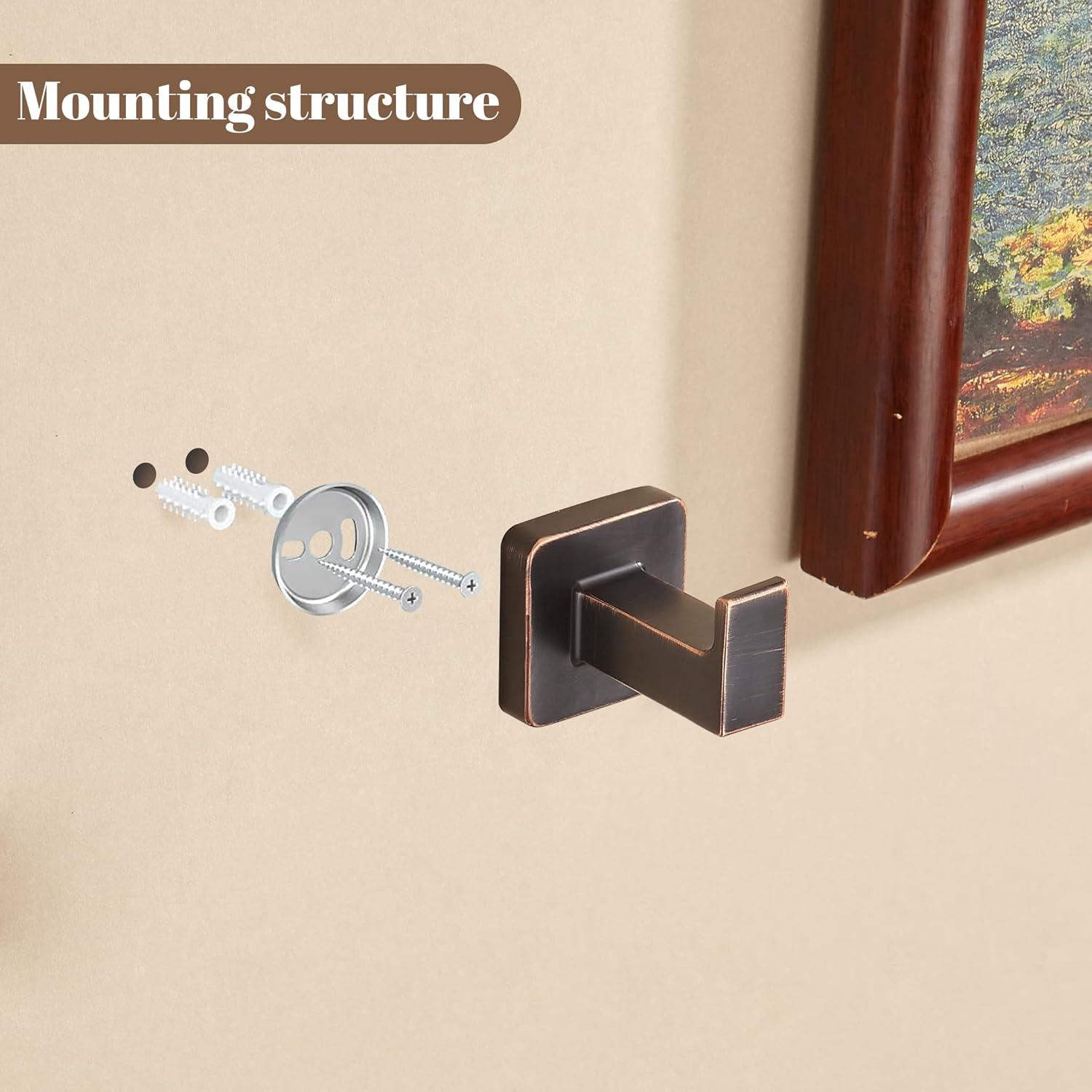 Bronze Towel Hooks，Bathrooms Coat Hooks Wall Mounted，Oil Rubbed Square Wall Hooks Robe Hooks 2 Pieces Stainless Steel Bathroom Accessories