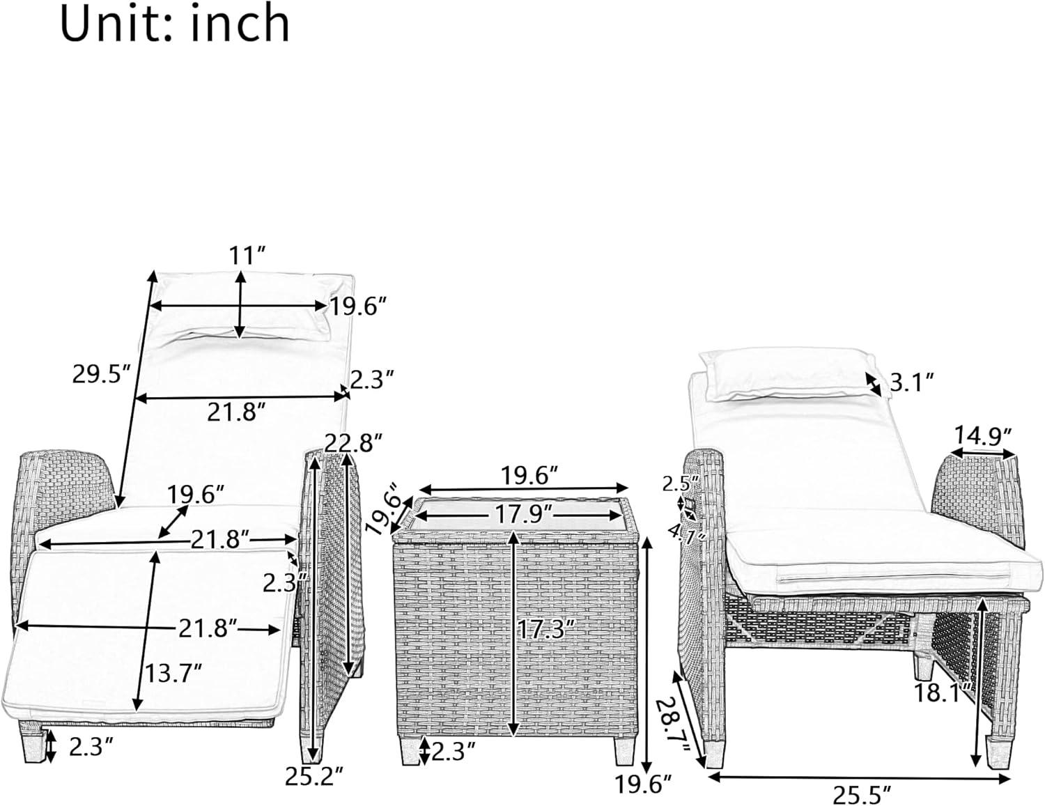 Outdoor Recliner Chairs Set of 2, 3 Piece Rattan Sofa Set, Patio Rocking Chairs Set with Adjustable Footrest, Outdoor Rattan Reclining Chairs with Table & Pillow for Backyard, Porch (Beige)