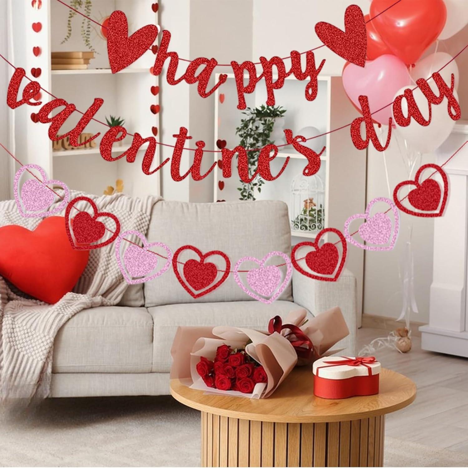 Glittery Heart Valentine's Day Banner, Red & Pink Sparkling Hollow Heart Shape DIY Paper Banner for Wedding Decoration