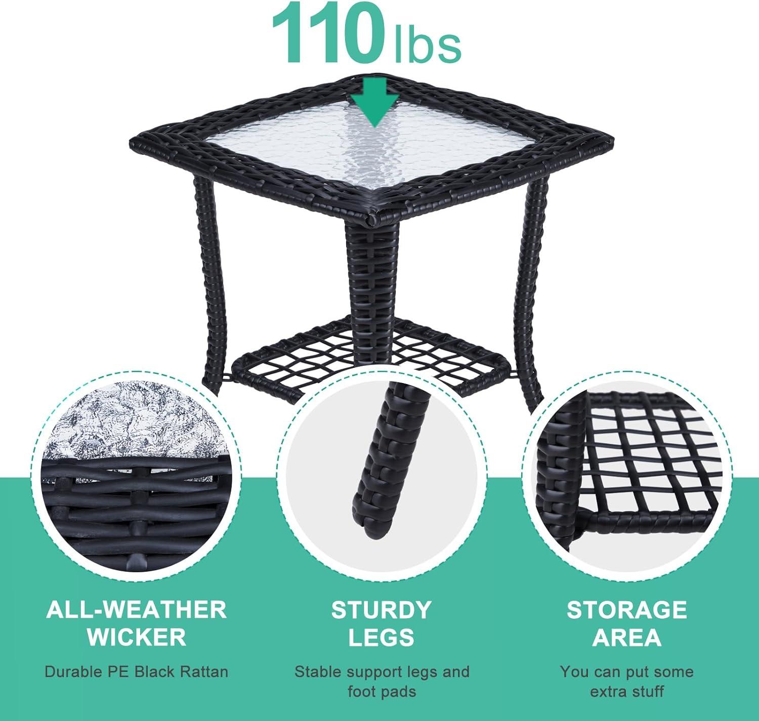 Black Wicker Outdoor End Table with Glass Top and Storage