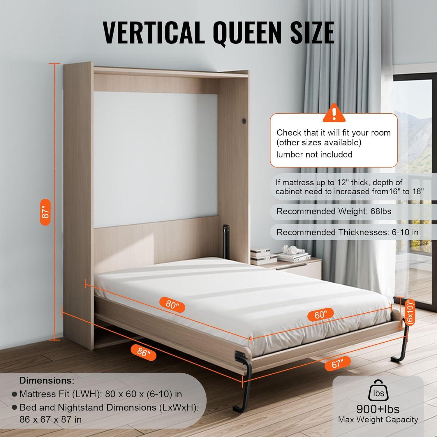 VEVOR Murphy Bed Kit Queen Size Vertical Deluxe DIY Wall Bed Hardware Folding