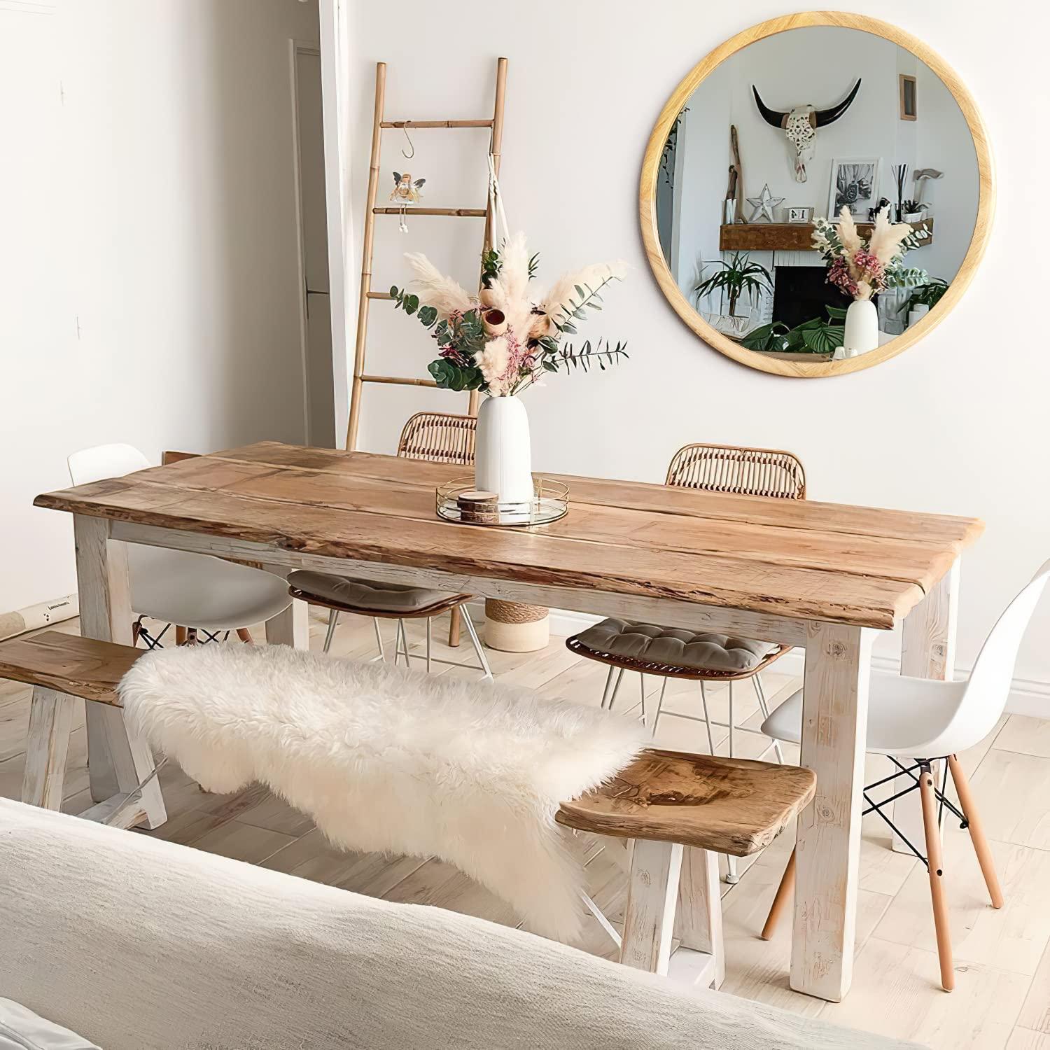 Circle Wooden Wall Mirror,18 inch Round Natural Wood Mirror Large Rustic Farmhouse Decor Mirror for The Living Room,Bathroom,Bedroom