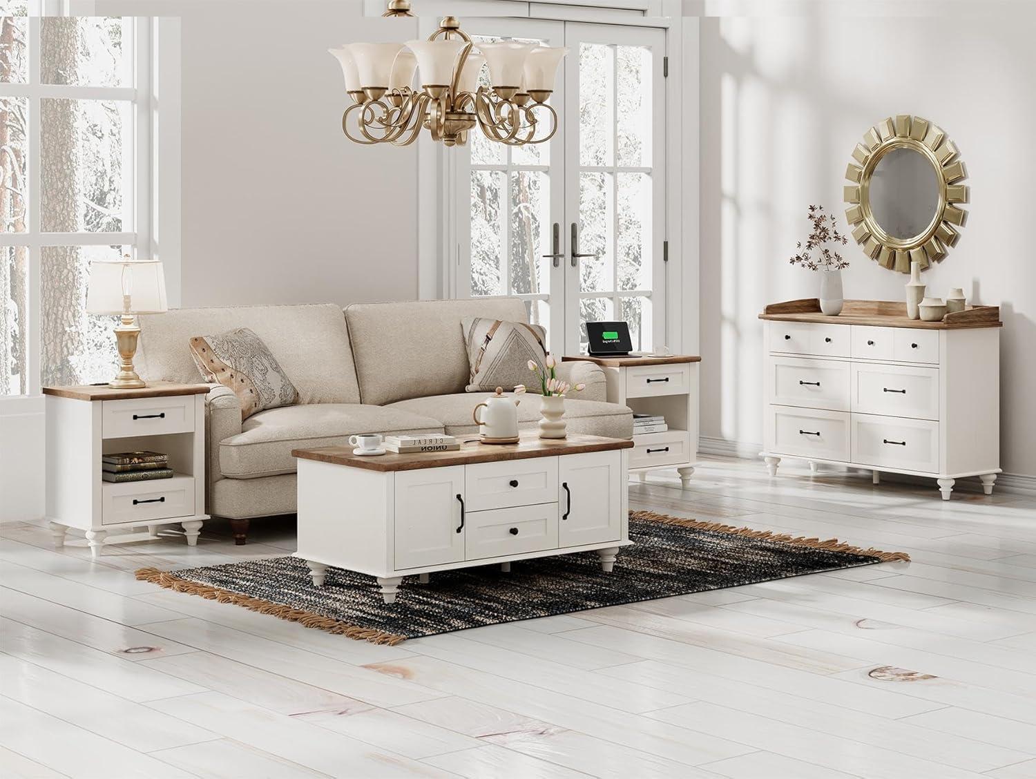 Antique White and Oak 2-Drawer Nightstand with Charging Station