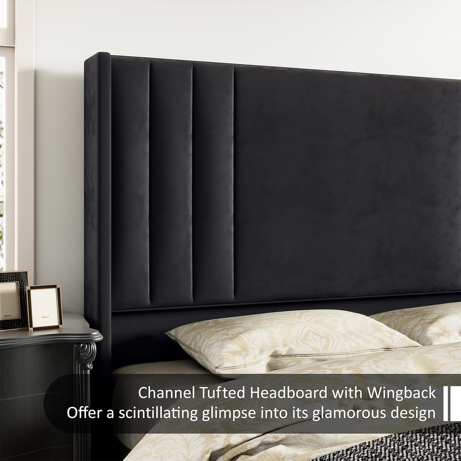 VANACC Queen Bed Frame, Velvet Upholstered Bed with Channel Tufted Headboard/Footboard Black