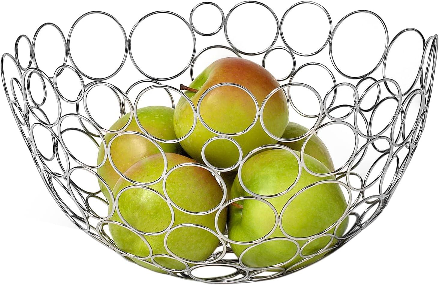 Chrome Round Metal Wire Fruit Bowl with Circular Design