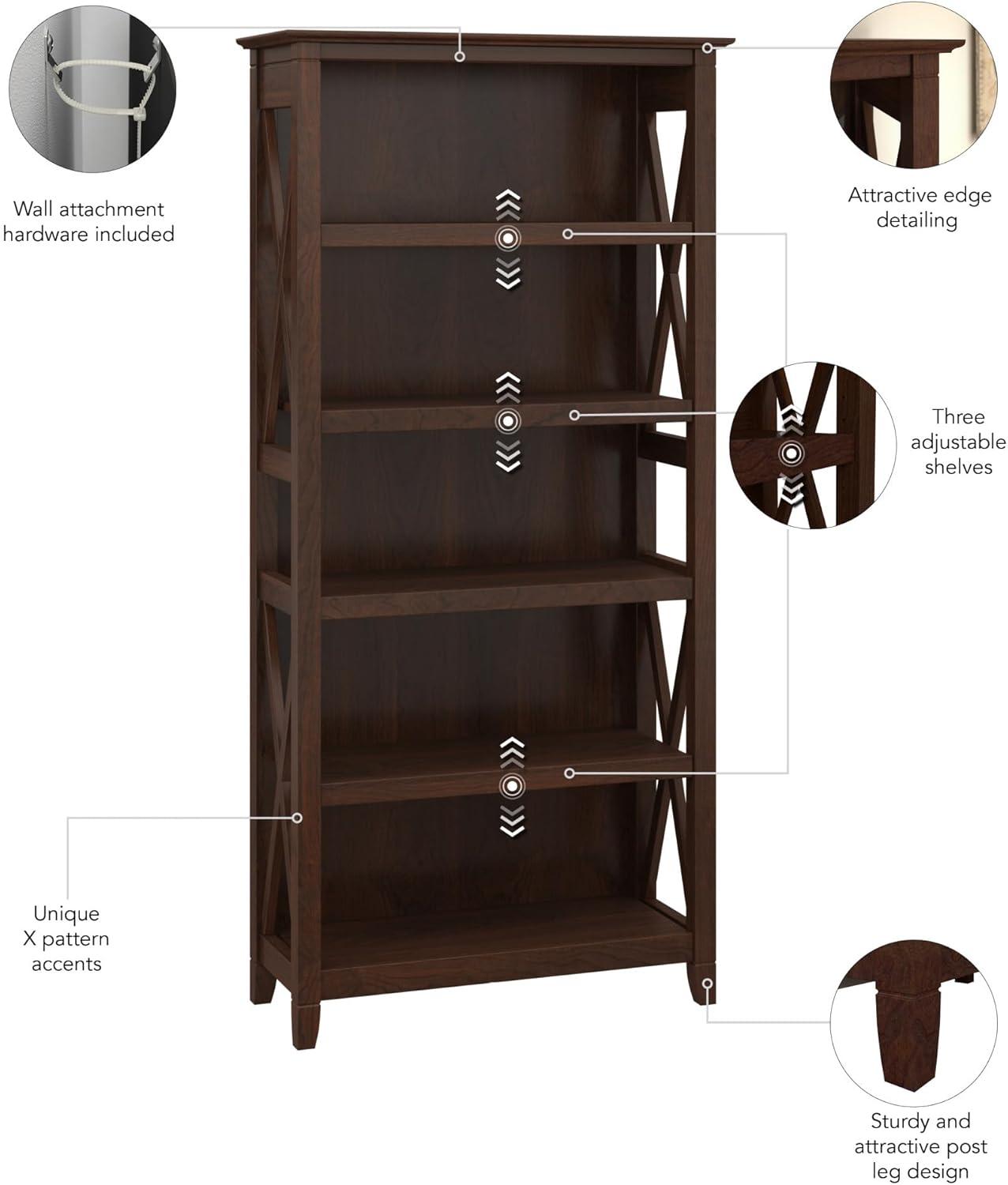 Transitional Bing Cherry Adjustable Wood Bookcase with X-Pattern Accents