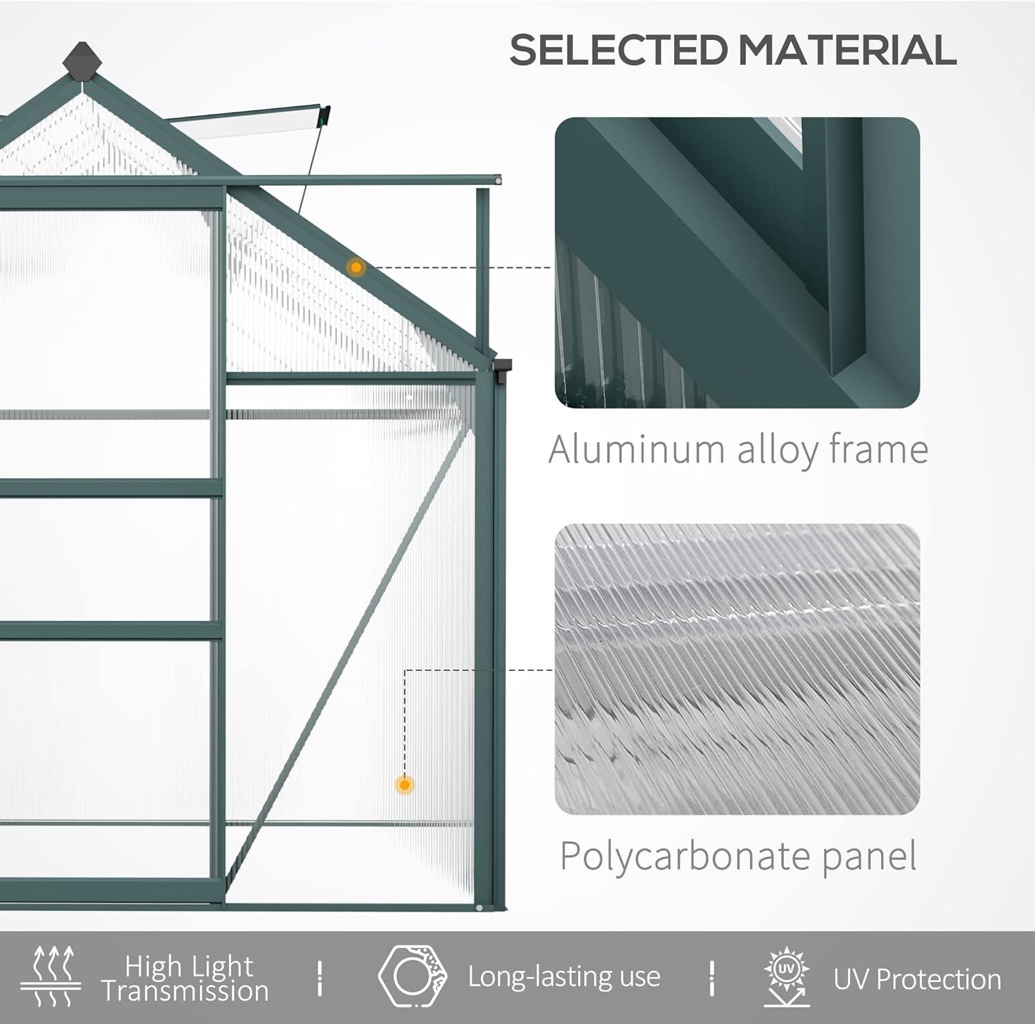 Outsunny Polycarbonate Greenhouse, Heavy Duty Outdoor Aluminum Walk-in Green House Kit with Vent & Door for Backyard Garden