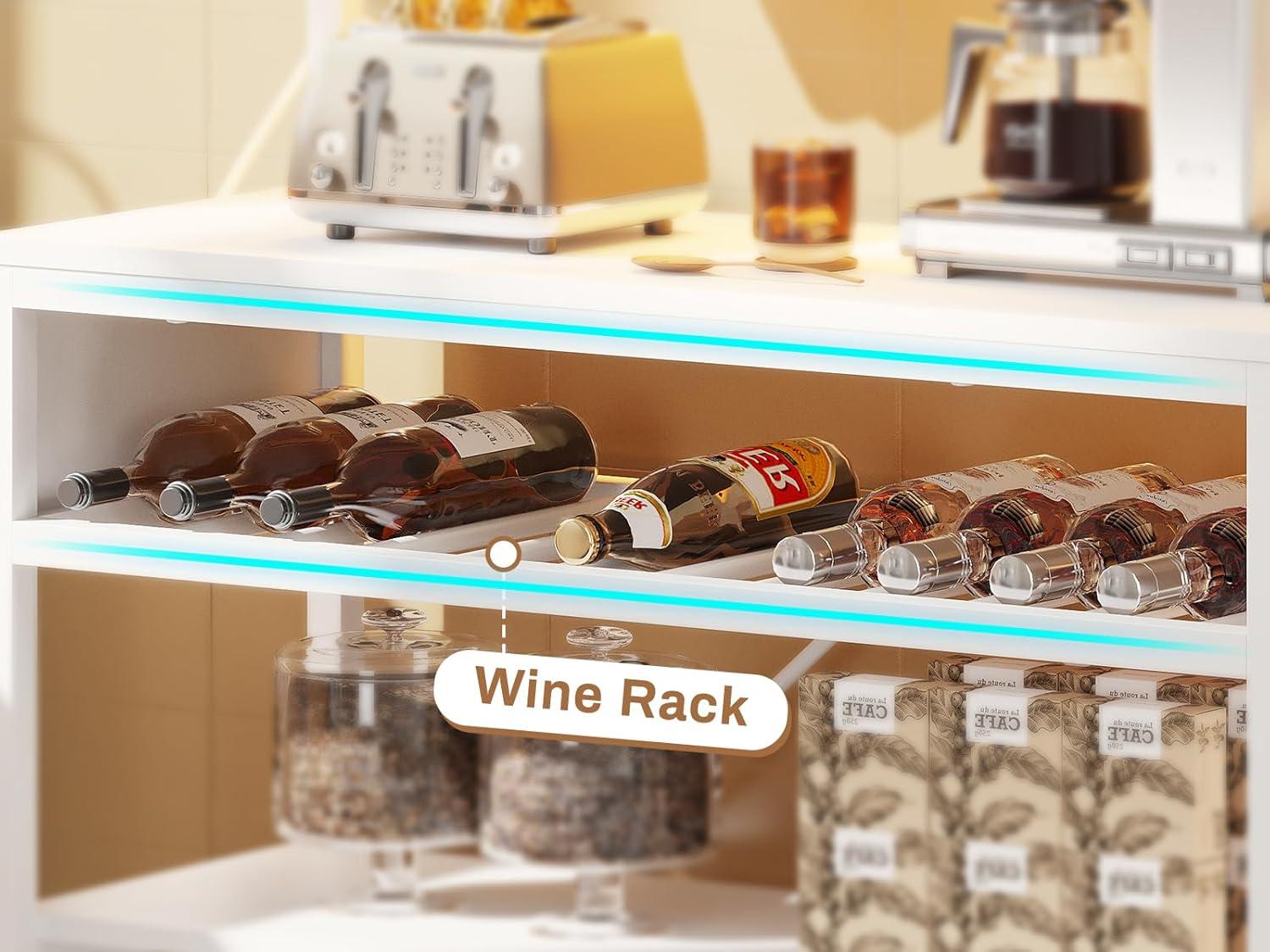 6-Tier Bakers Rack with Storage and Power Outlet, Coffee Bar Microwave Stand with Wine Rack, LED Lights, White