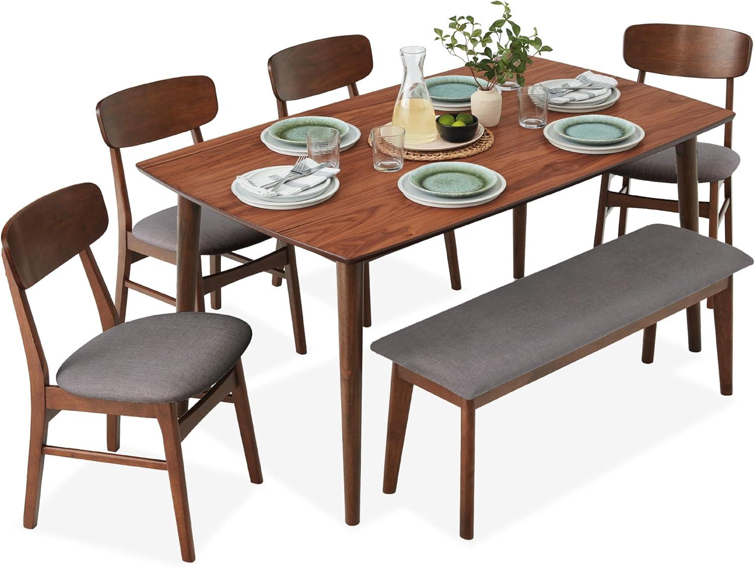 George Oliver 6-Piece Mid-Century Modern Upholstered Wooden Dining Set W/ 4 Chairs, Bench - Walnut/Gray