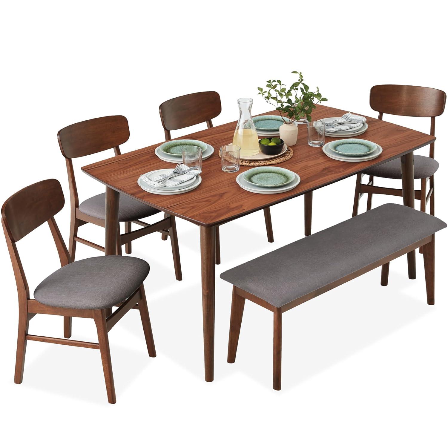 George Oliver 6-Piece Mid-Century Modern Upholstered Wooden Dining Set W/ 4 Chairs, Bench - Walnut/Gray