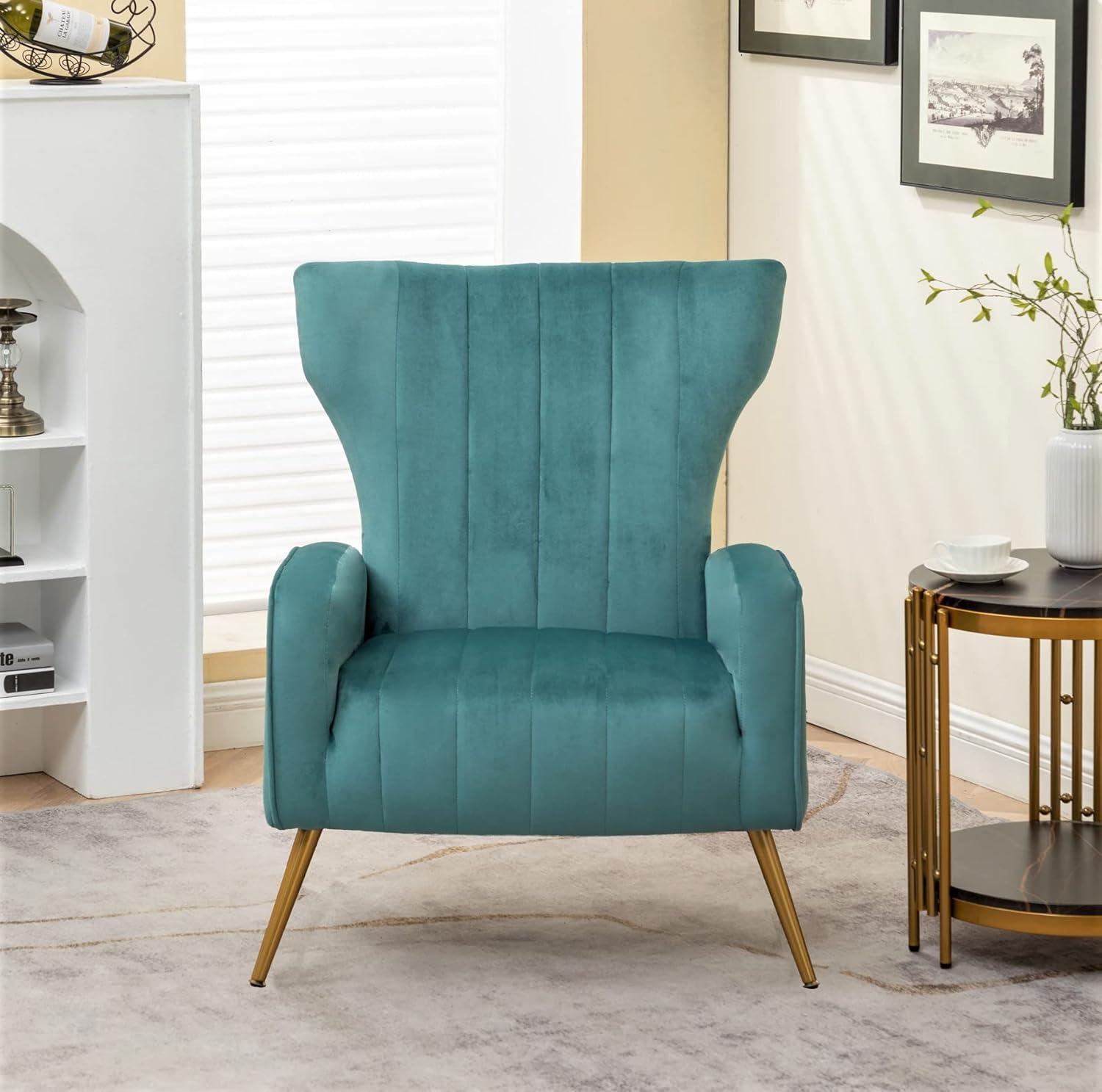 Teal Velvet Channel Tufted Armchair with Metal Legs