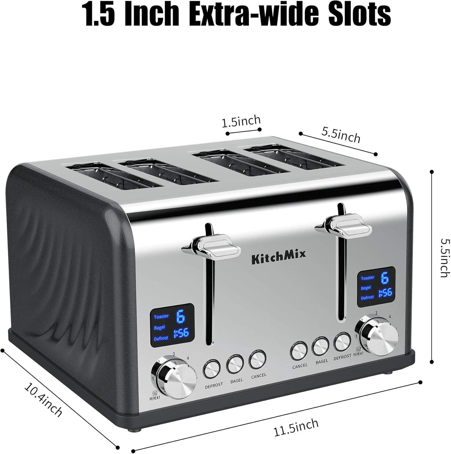 Modern Stainless Steel 4-Slice Toaster with LCD Display and Wide Slots