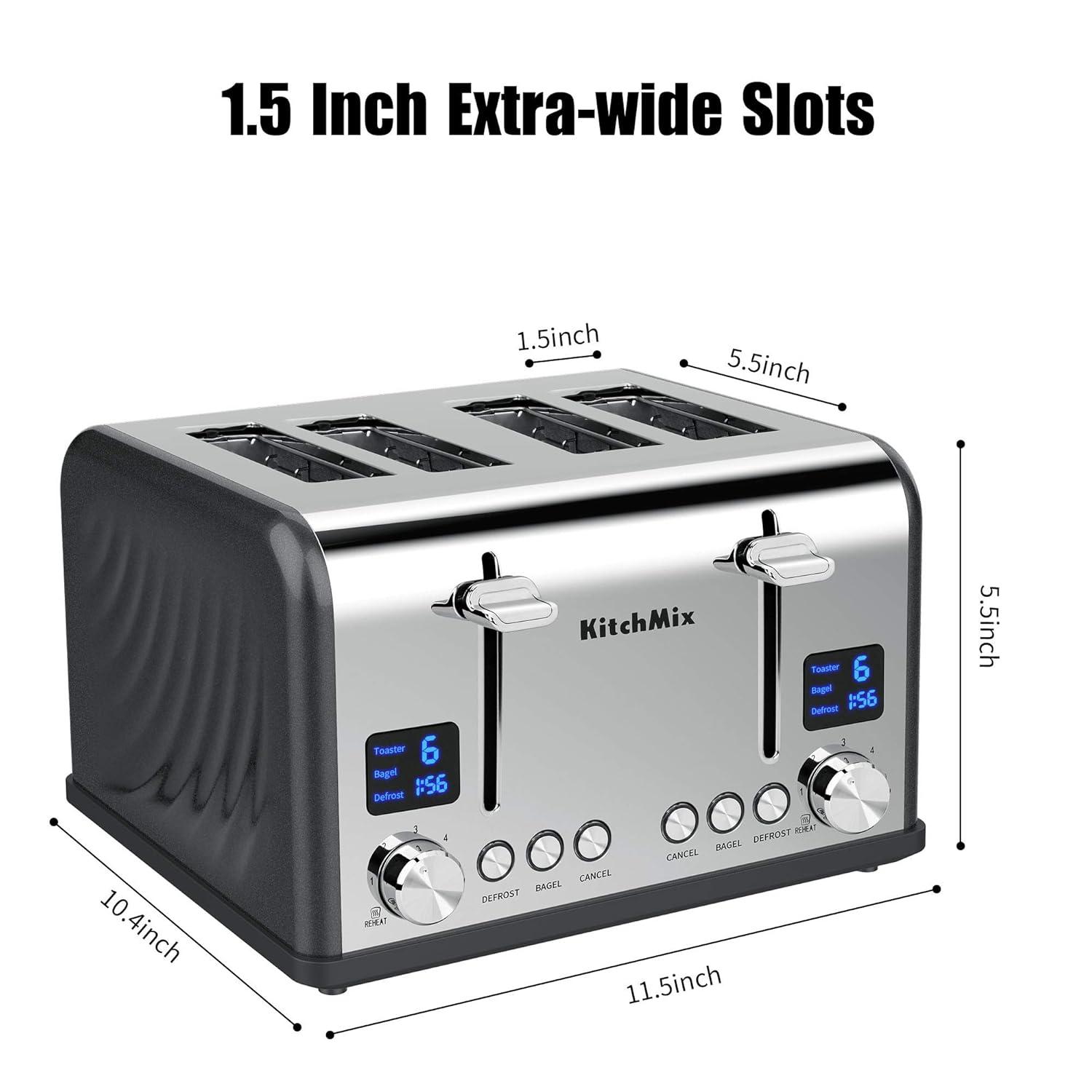 Modern Stainless Steel 4-Slice Toaster with LCD Display and Wide Slots
