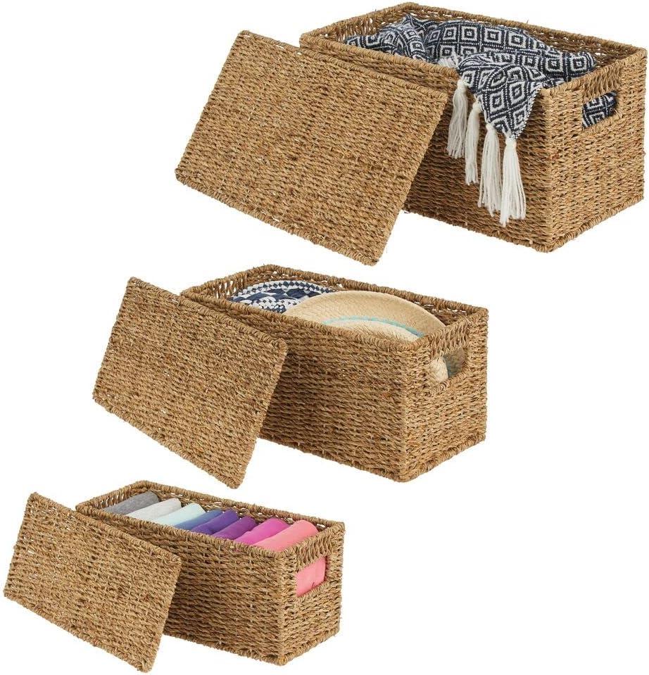 mDesign Woven Seagrass Home Storage Basket with Lid, Set of 3