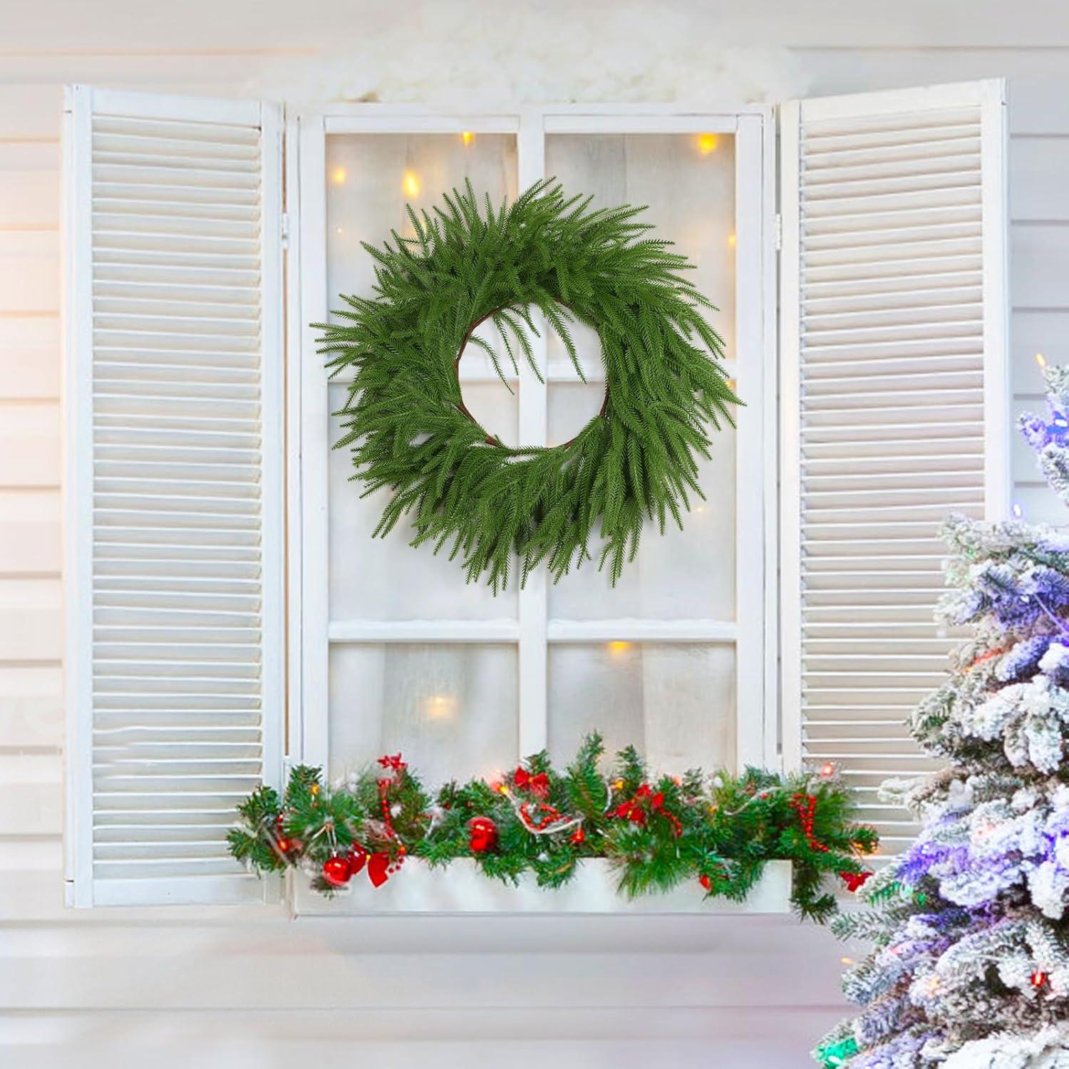 24" Pine Wreath for Front Door Artificial Christmas Wreath Green Faux Pine Wreath for Wall Windows Mantle Outdoor Christmas Decoration