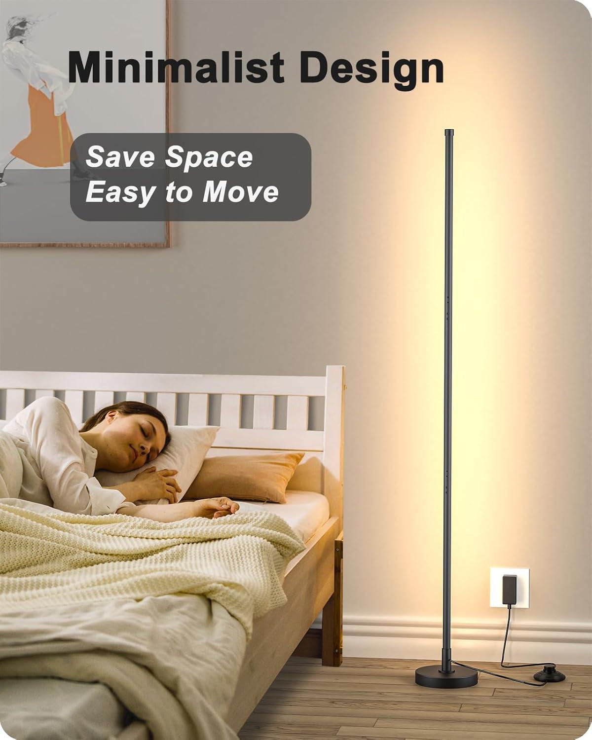 Corner Floor Lamp, Minimalist LED Floor Lamp with Remote Control, Dimmable Corner Light,Floor Lamps for Living Room, Bedroom, Home Office, 7 Color Temperature 3000K-6000K (Black, 1 Pack)