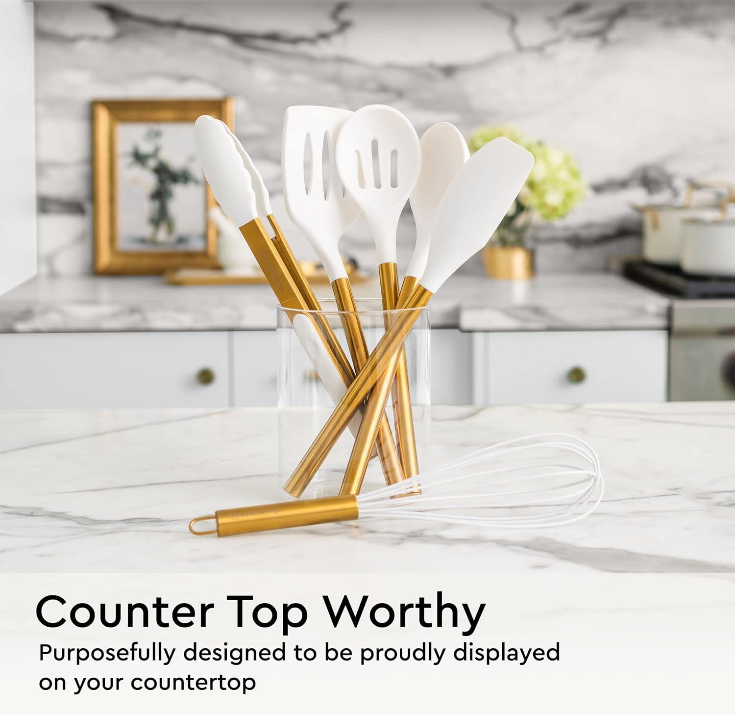 White and Gold Silicone Kitchen Utensils Set with Stainless Steel Handles