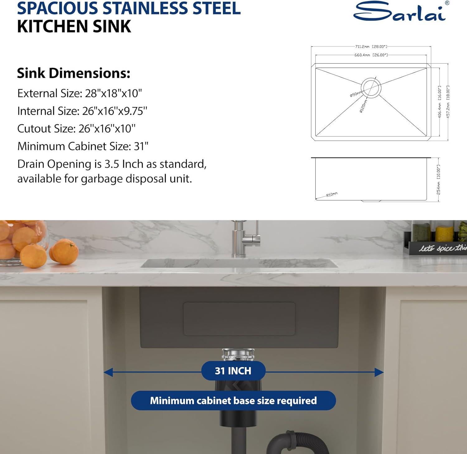 Sarlai 28'' L x 18" W Undermount Single Bowl Stainless Steel Kitchen Sink with Sink Grid and Basket Strainer SU2818R