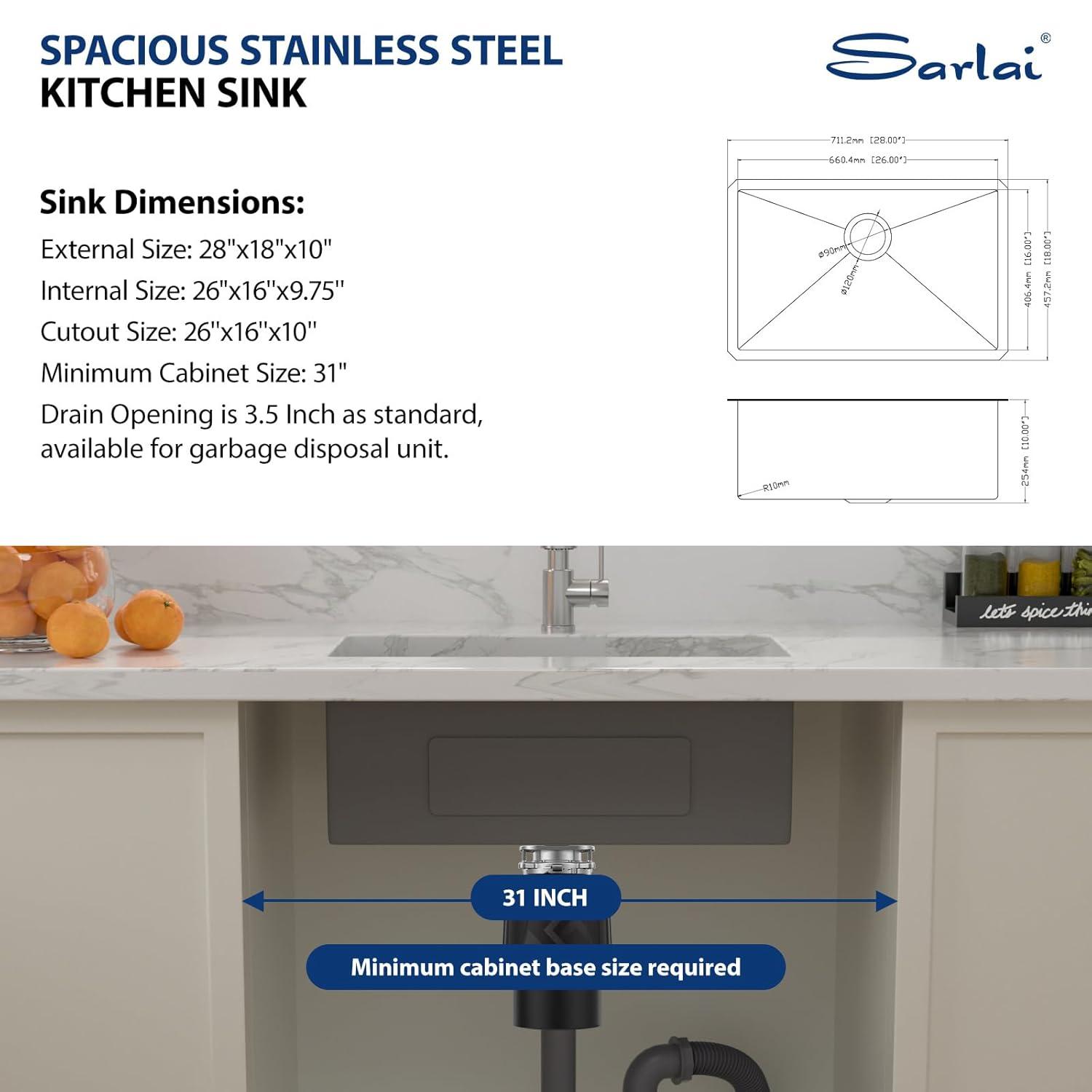 Sarlai 28'' L x 18" W Undermount Single Bowl Stainless Steel Kitchen Sink with Sink Grid and Basket Strainer SU2818R