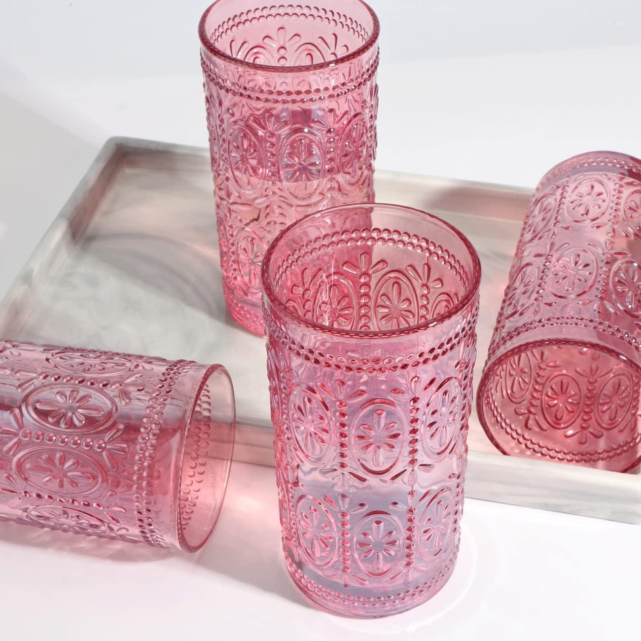 Drinking Highball Beverage Glass Cup, Vintage Drinking Glasses, Colored Glassware Set for Party Wedding Home Office Gift, Set of 4 ,Pink