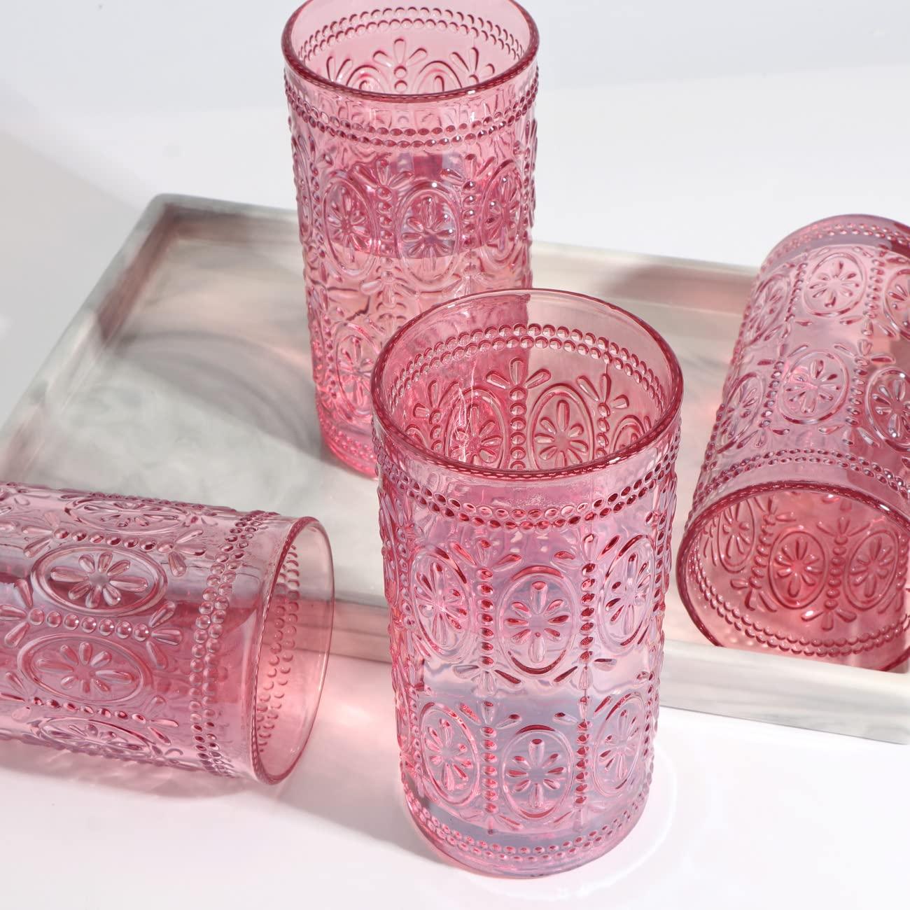 Drinking Highball Beverage Glass Cup, Vintage Drinking Glasses, Colored Glassware Set for Party Wedding Home Office Gift, Set of 4 ,Pink