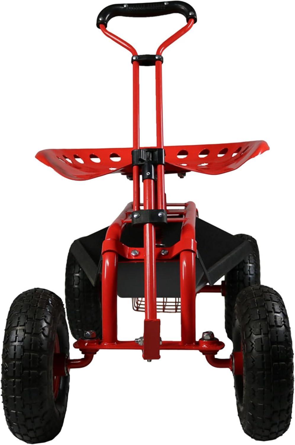 Sunnydaze Outdoor Heavy-Duty Steel Rolling Gardening Cart with Extendable Steer Handle, Swivel Chair, Tool Tray, and Basket - Red