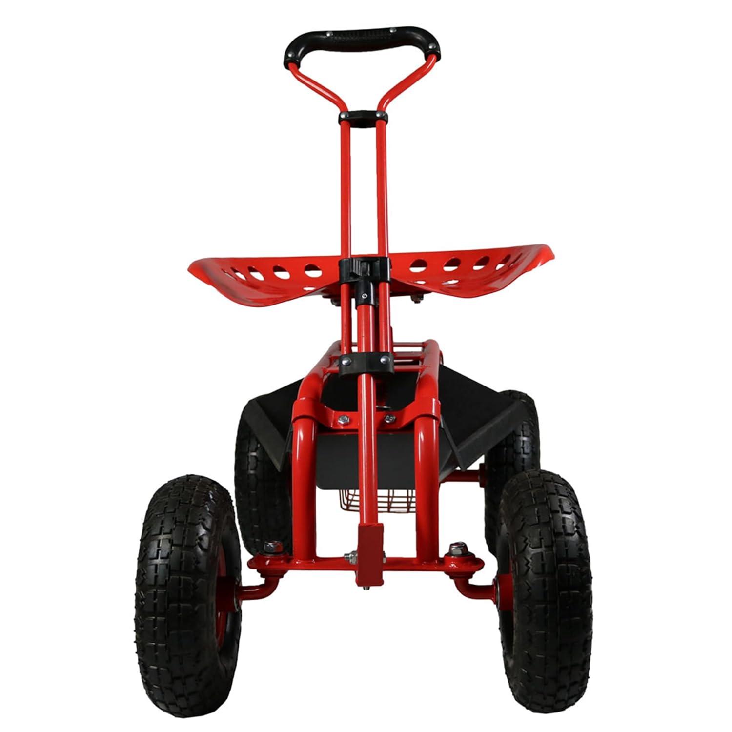Sunnydaze Outdoor Heavy-Duty Steel Rolling Gardening Cart with Extendable Steer Handle, Swivel Chair, Tool Tray, and Basket - Red