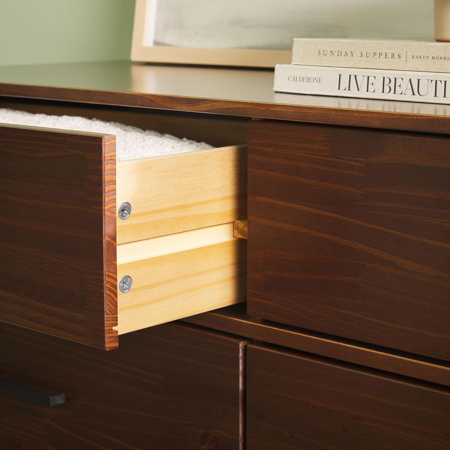 Walnut Solid Pine Wood 6-Drawer Dresser with Metal Handles