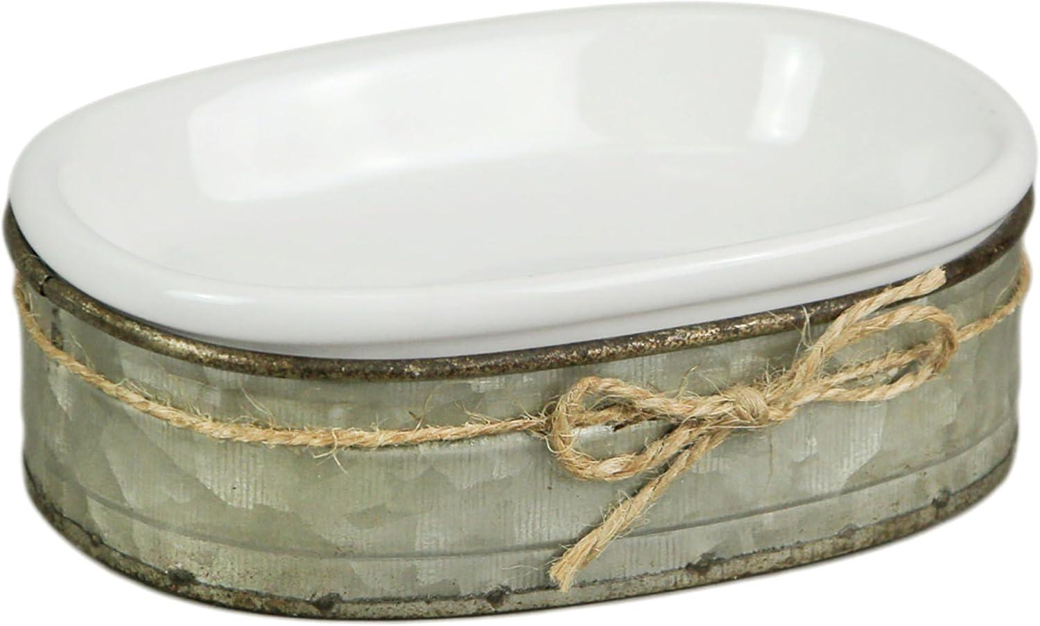 White Ceramic Soap Dish with Galvanized Zinc Tray and Jute Accent