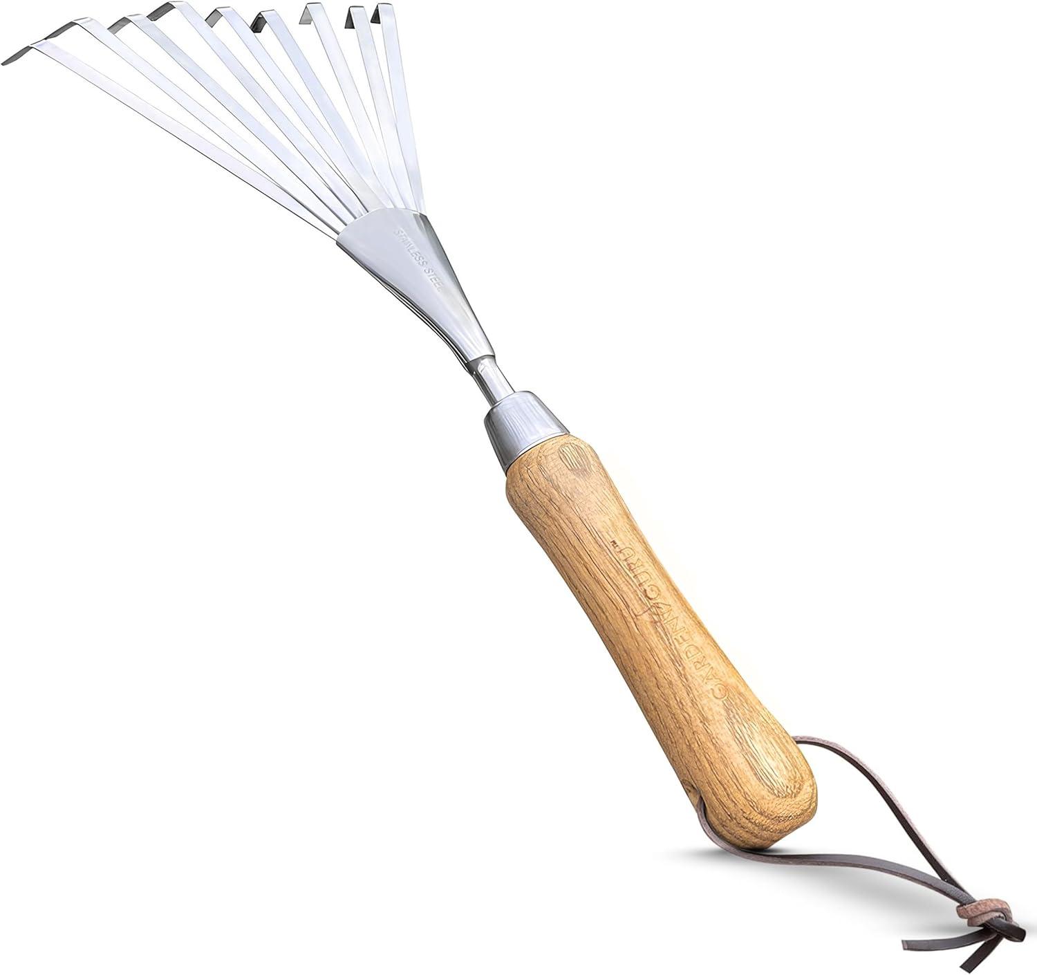 Garden Guru Stainless Steel Hand Rake Tiller with FSC Wood Ergonomic Handle, Great for Gardening, Cultivating, and More