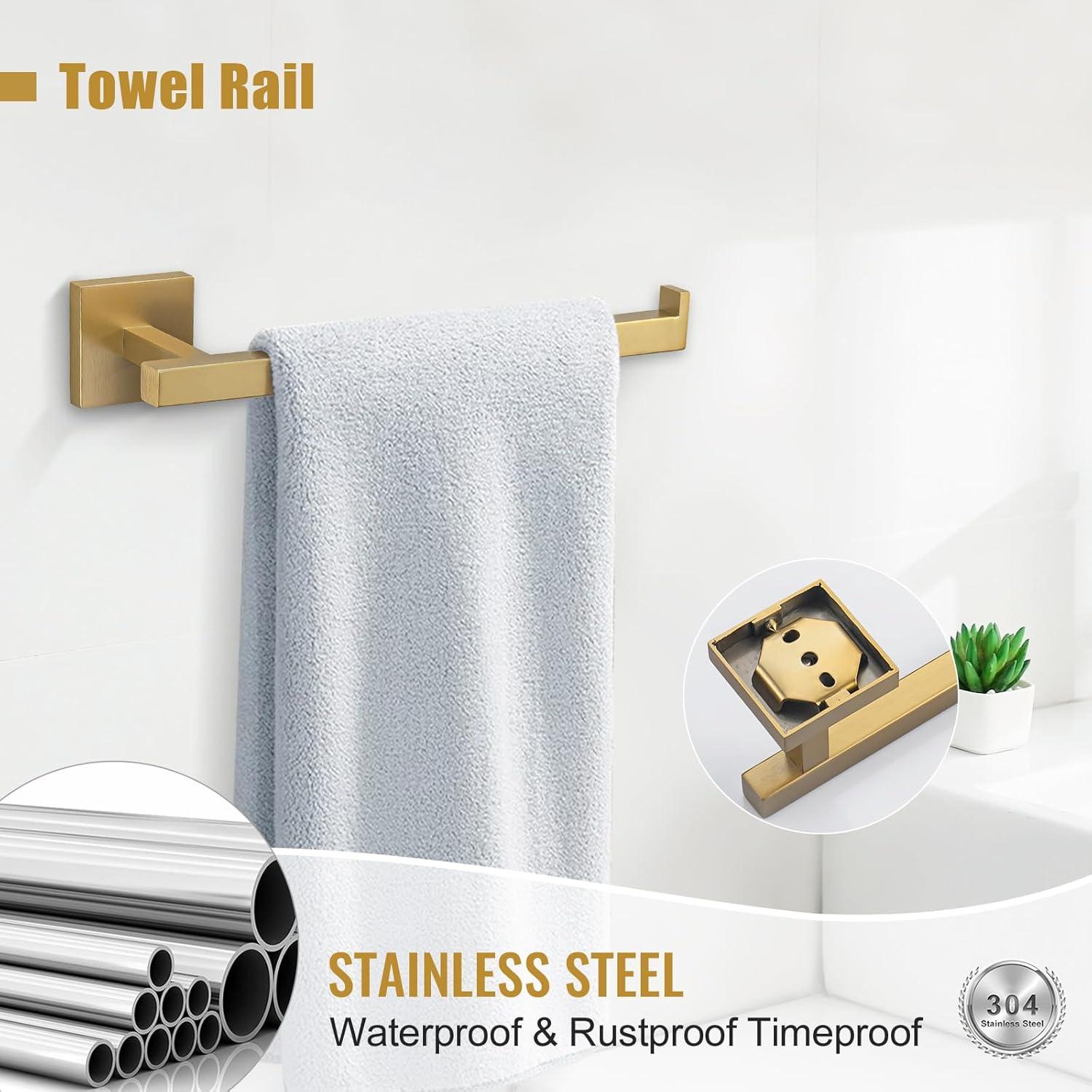 Towel Bar Set Brushed Gold 5-Pieces Bathroom Hardware Set SUS304 Stainless Steel Towel Holder Set 24 Inch Single Towel Bar Wall Mounted