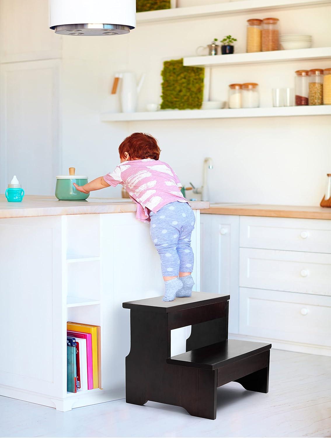 Walnut Wooden 2-Step Stool for Adults and Kids