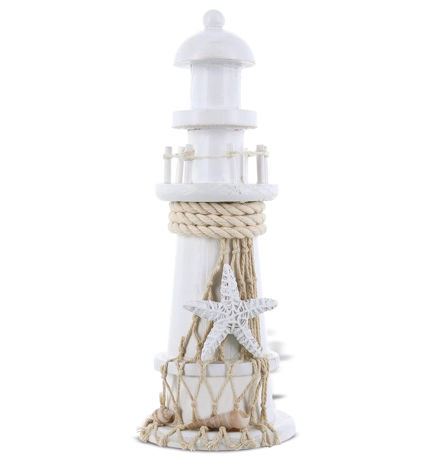 Handcrafted White Wooden Lighthouse Figurine with Starfish Decor