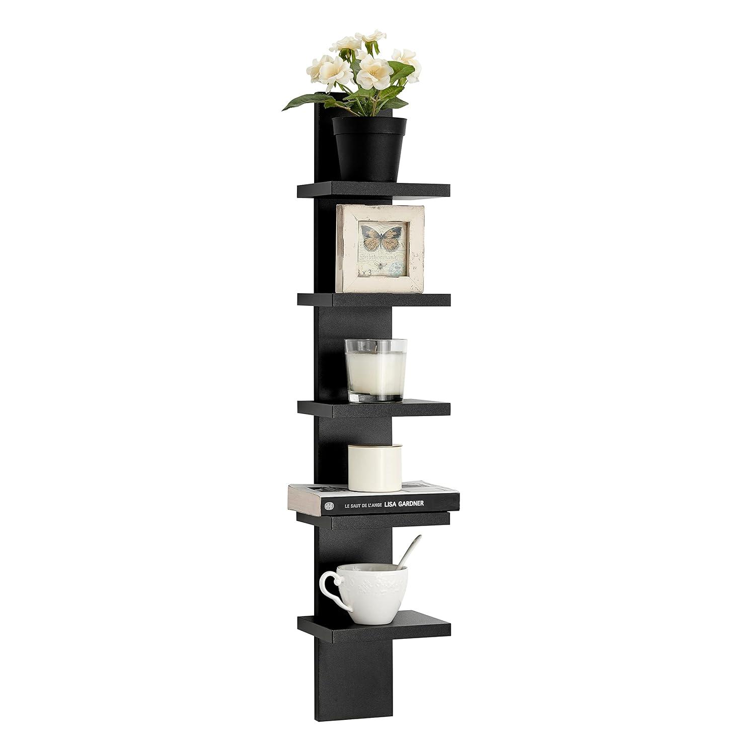 Danya B. 30" x 6" Slim Vertical Column Wall Shelf Black: Mid-Century Modern Laminated MDF, Iron Hardware, 5 Tiers