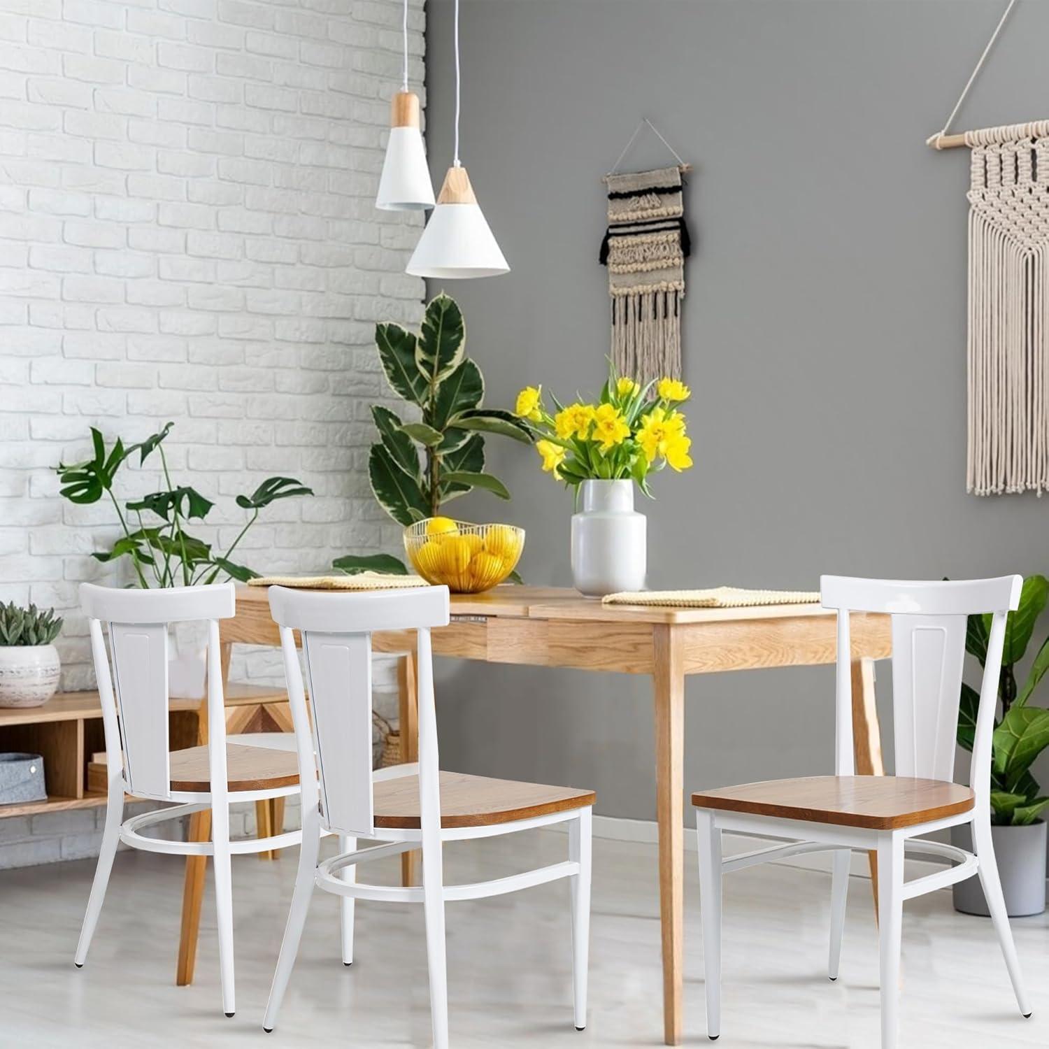KARMAS PRODUCT Modern White Armless Dining Chairs Set of 2 --Heavy Duty Wood Seat and Iron Frame Kitchen Side Chairs for Restaurant Cafe Bistro,Ergonomic Design,Comb Back