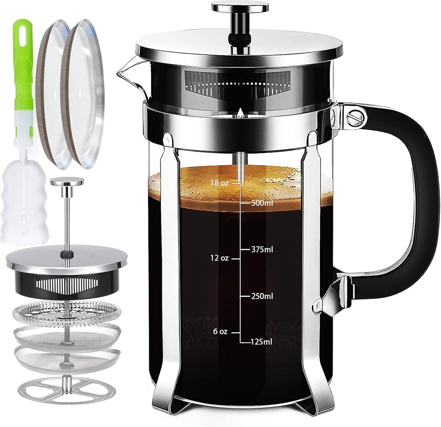 YMMIND French Press Coffee Maker 304 Stainless Steel Coffee Press,with 4 Filters System, Heat Resistant Thickness Borosilicate French Press Glass, BPA-Free Brewed Tea Pot Coffee Plunger