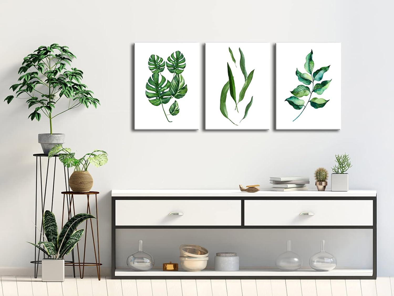 Green Leaves Botanic Canvas Wall Art Abstract Watercolor Pictures for Living Room Bedroom Wall Decor 3 Pieces Modern Stretched Artwork for Bathroom Decor