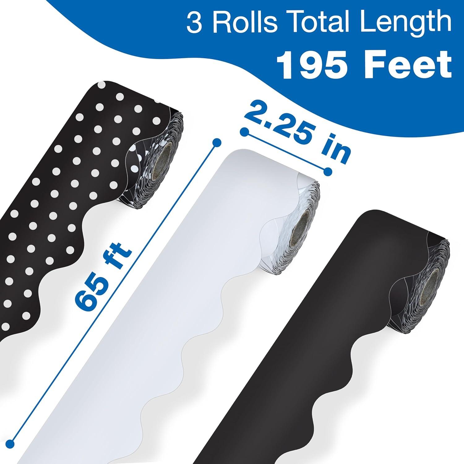 Carson Dellosa 3 Rolls of 195 Ft of Scallop Black and White Bulletin Board Borders Bundle, Classroom Borders for Bulletin, 65 Ft Per Bulletin Board Trim Roll