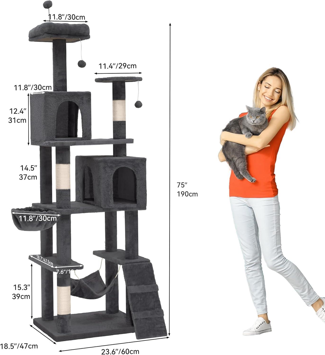 YITAHOME 75in Cat Tree Tower for Indoor Cats, Multi-Level Cat Furniture with Scratching Posts, Cat Caves, Padded Perch, Cozy Hammock, Ladder, and Plush Balls for Kittens, Pet Play House Dark Gray