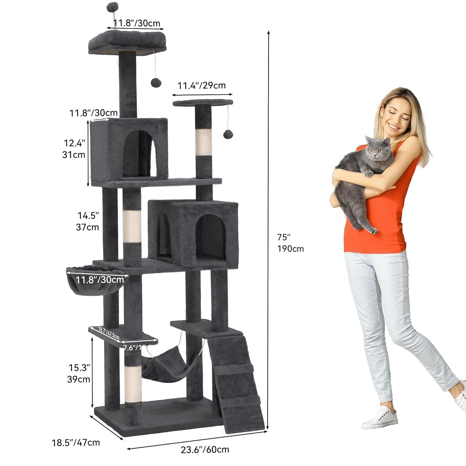 YITAHOME 75in Cat Tree Tower for Indoor Cats, Multi-Level Cat Furniture with Scratching Posts, Cat Caves, Padded Perch, Cozy Hammock, Ladder, and Plush Balls for Kittens, Pet Play House Dark Gray