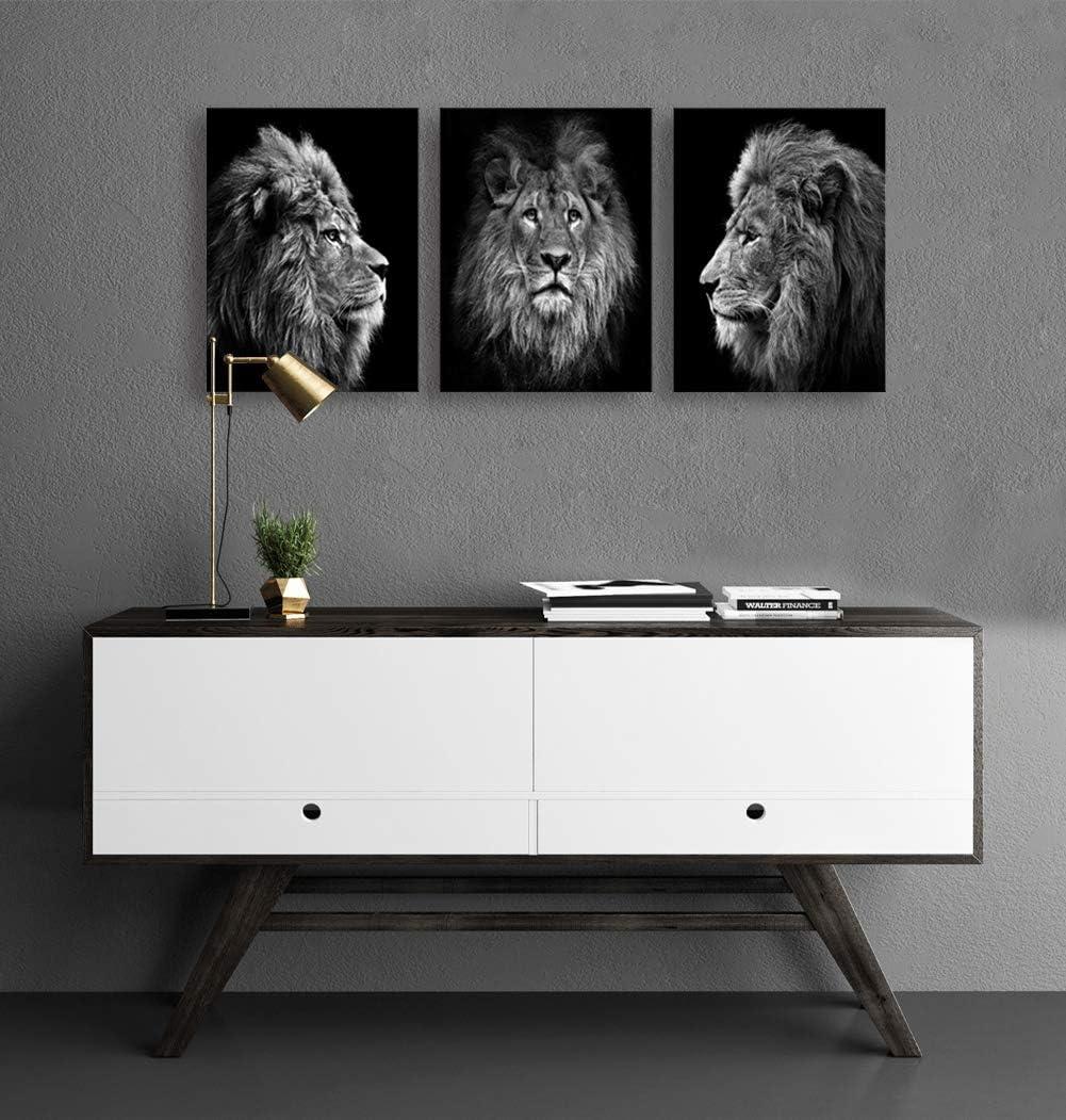 Wall Art Black and White Lion Head Portrait Wall Art Painting Pictures Print 3 Pieces Canvas Animal for Bedroom Living Room Office Wall Decor Home Decoration Framed Ready to Hang