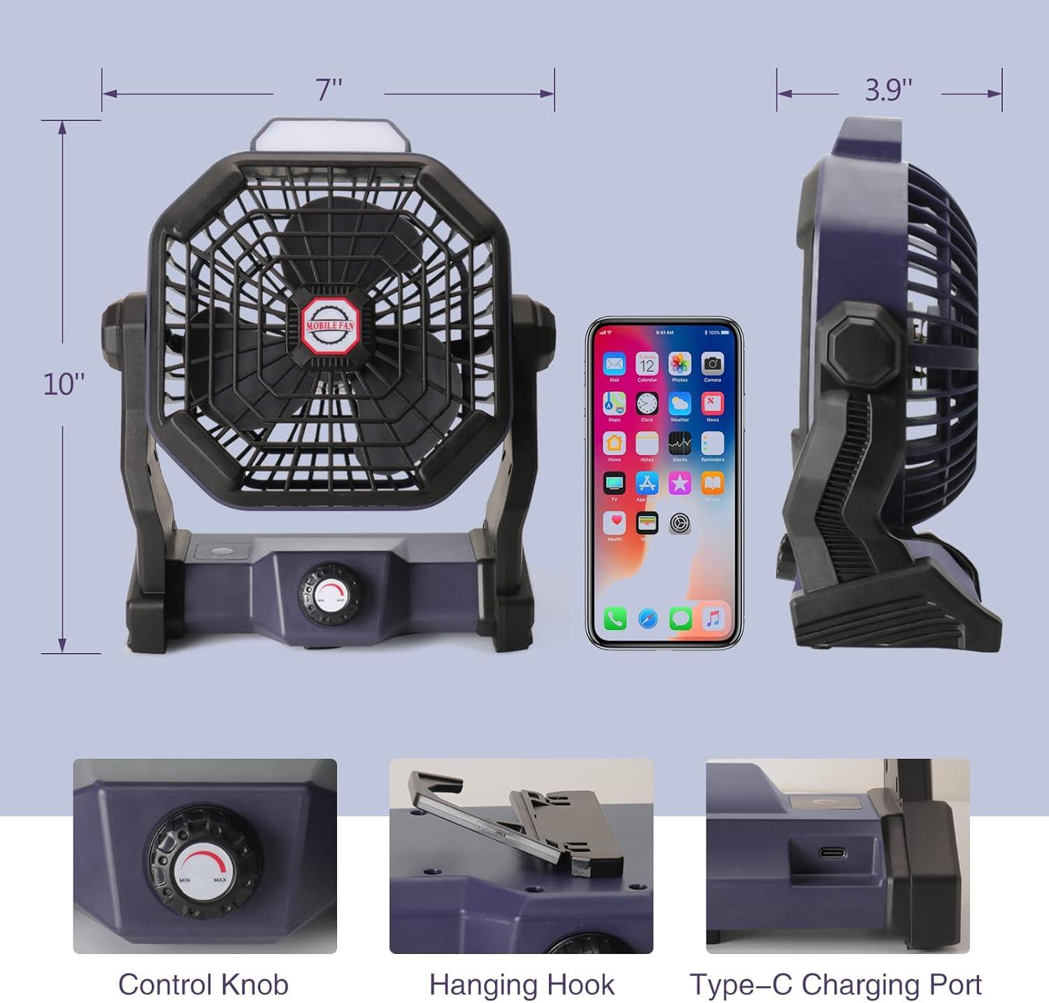 CONBOLA Portable Fan Rechargeable, 20400mAh Cordless Battery Powered Fan with LED Lantern, USB C Battery Operated for Travel Bedroom Home Camping Tent Office Beach Desk Fishing Table
