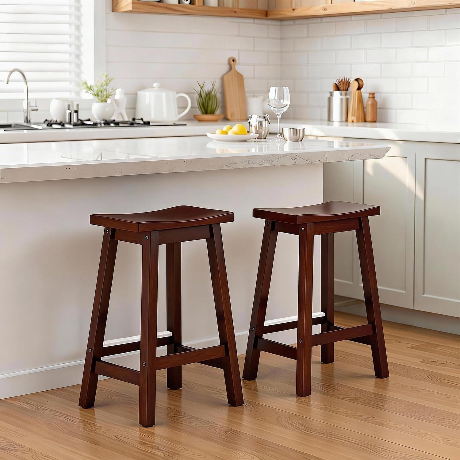 QuellQuest Bar Stools Set of 2 for Kitchen Counter Solid Wooden Saddle Stools 24-Inch/30-Inch Height (Brown, 24 in)