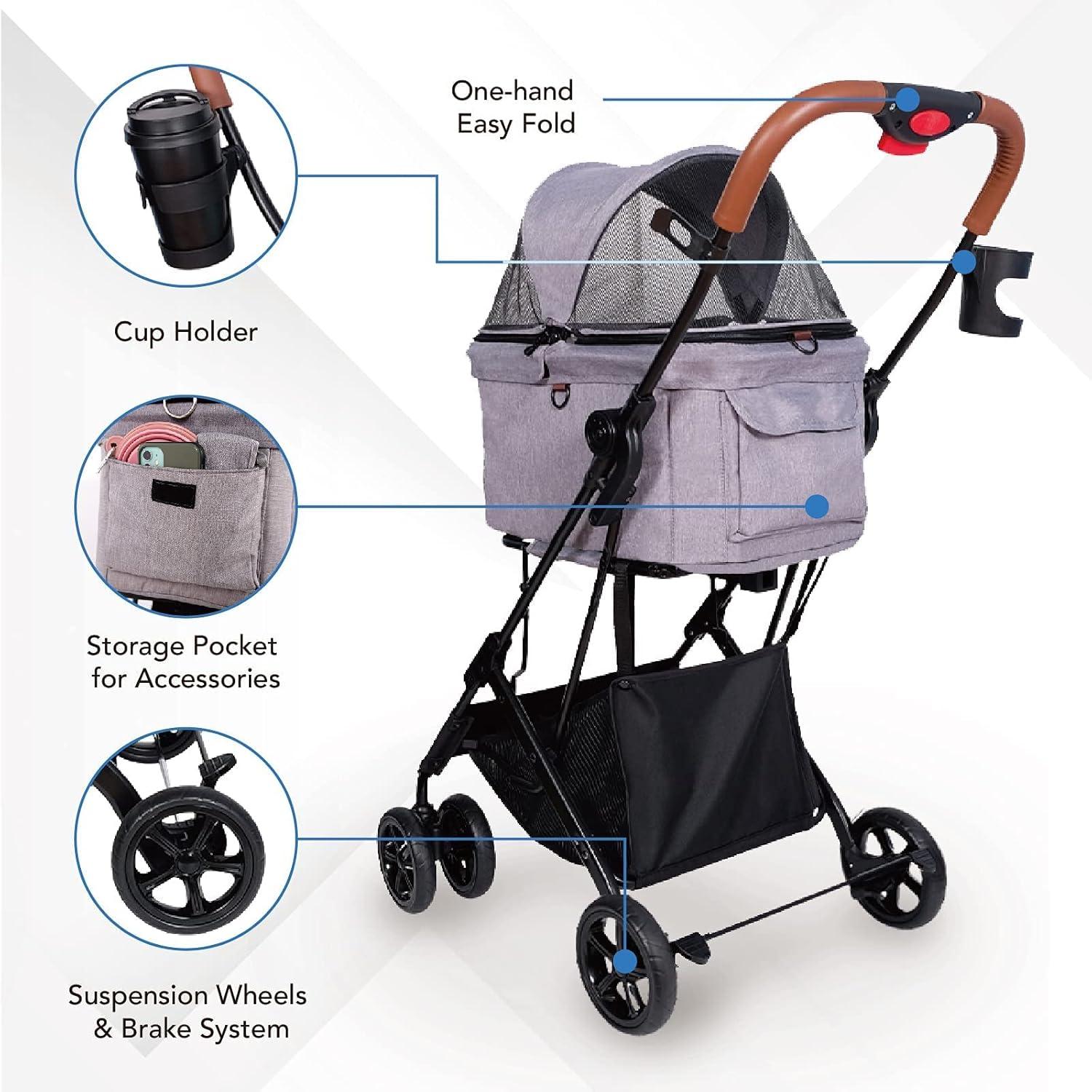 Ibiyaya  Travois Tri-fold Pet Travel System 3-in-1 Detachable Pet Stroller-Carrier for Small to Medium-Sized Dogs & Cats, Nimbus Gray