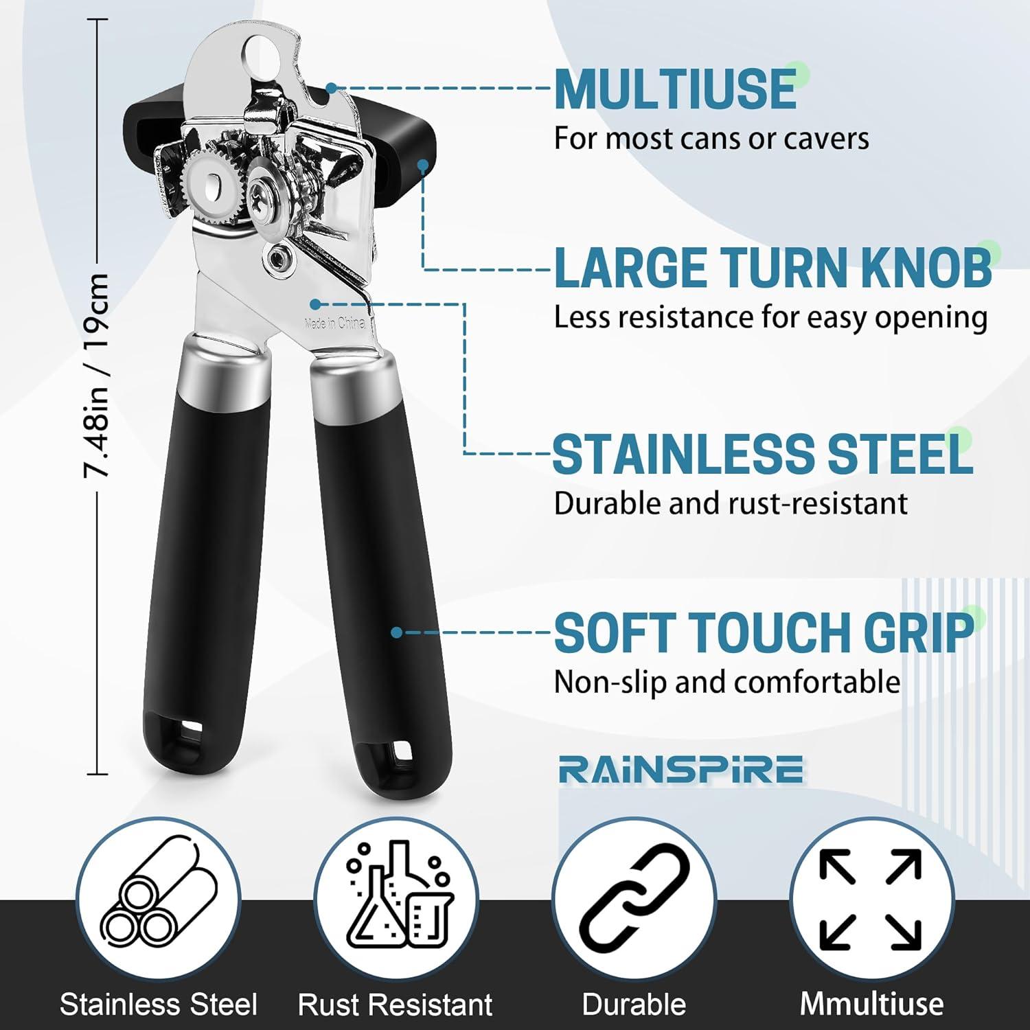 Can Opener Manual Handheld Strong Manual Can Opener Smooth Edge Cut, Can Opener Heavy Duty, Comfortable Soft Handle, Built-in Bottle Opener, Black Black Large Black Large