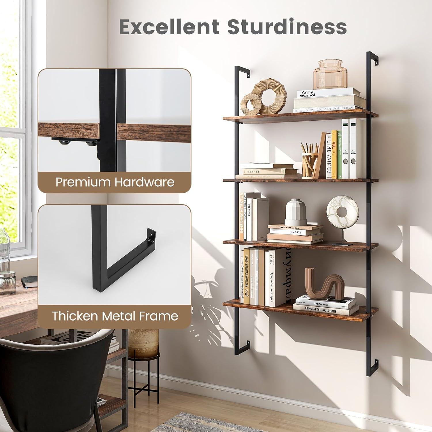 Rustic Brown 4-Tier MDF and Metal Ladder Bookshelf