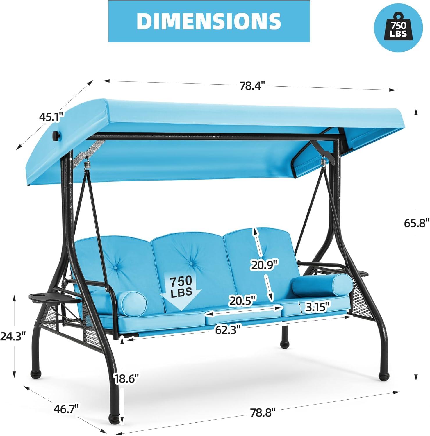 Sky Blue 3-Seat Outdoor Swing with Adjustable Canopy